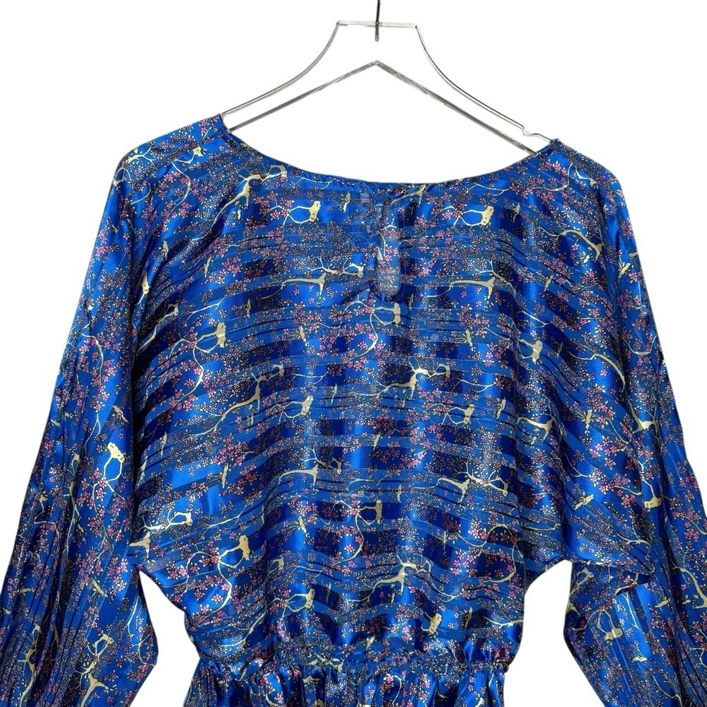 Free People Blue Floral Metallic Boho Festival Top Dolman Sleeved Blouse Sz M - Picture 10 of 13